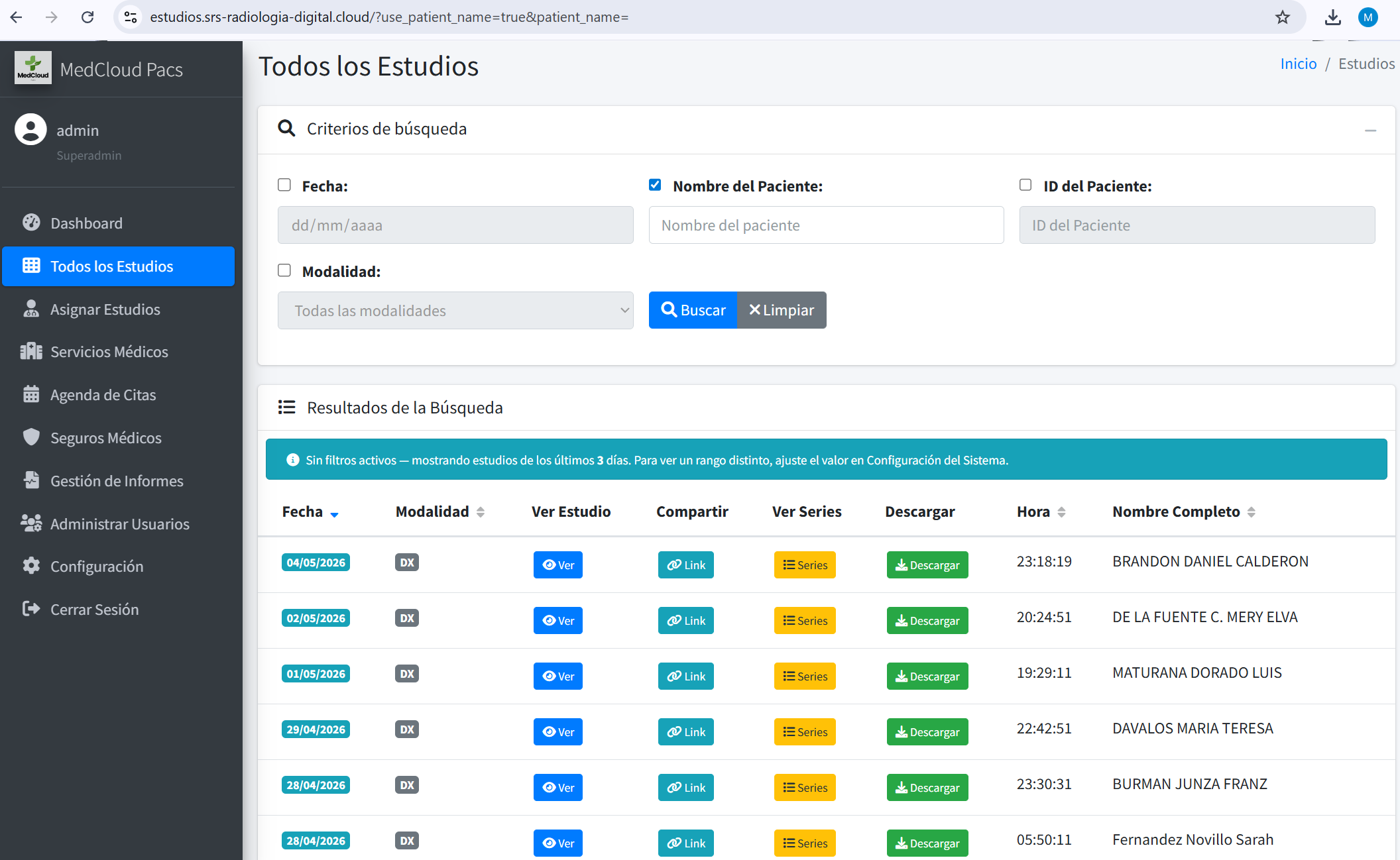 Dashboard principal — Listado de estudios